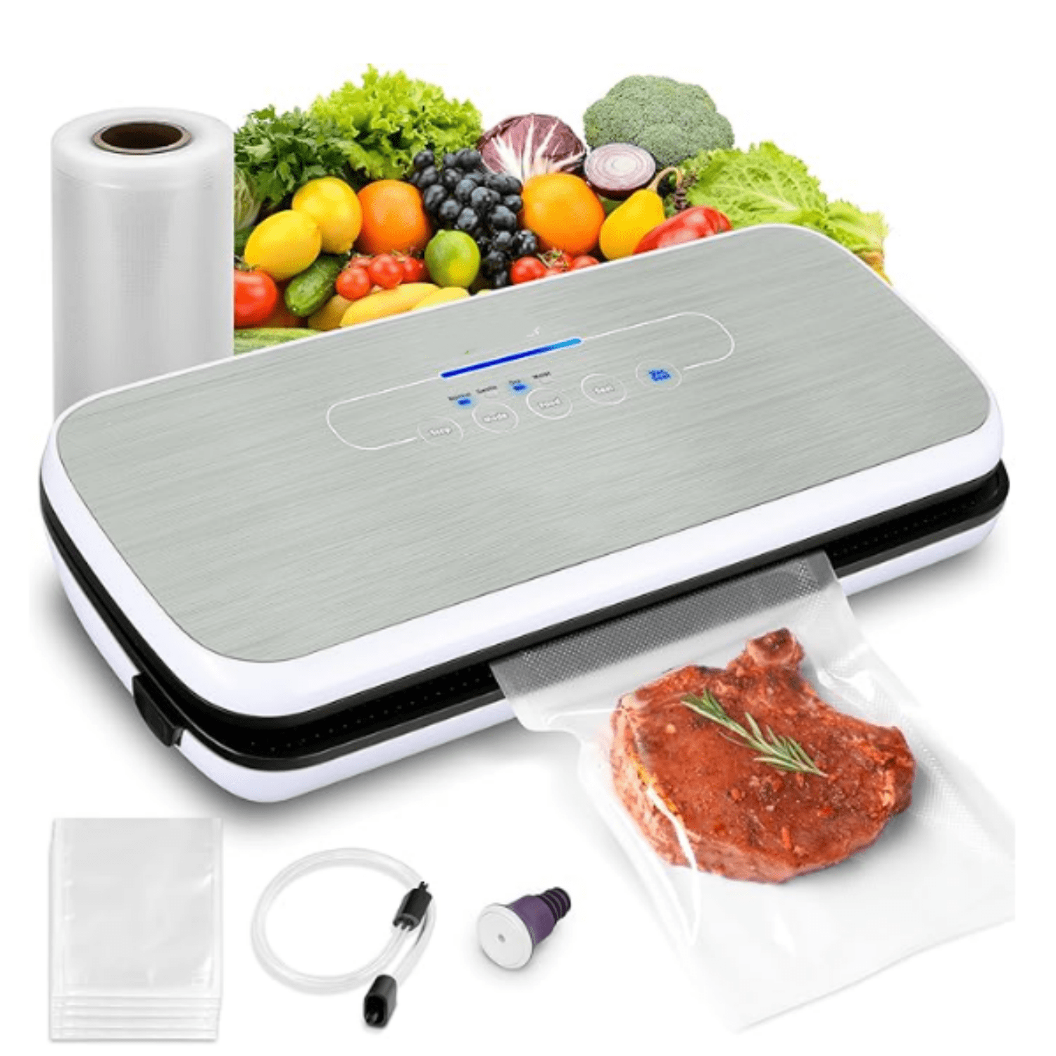 Food Vacuum Sealer Machine - Automatic Air Sealing System for Dry & Moist Foods, LED Touch Controls, Includes Vacuum Bags, Hose & Wine Stopper, High Suction Power, 14"x6"x3", Silver