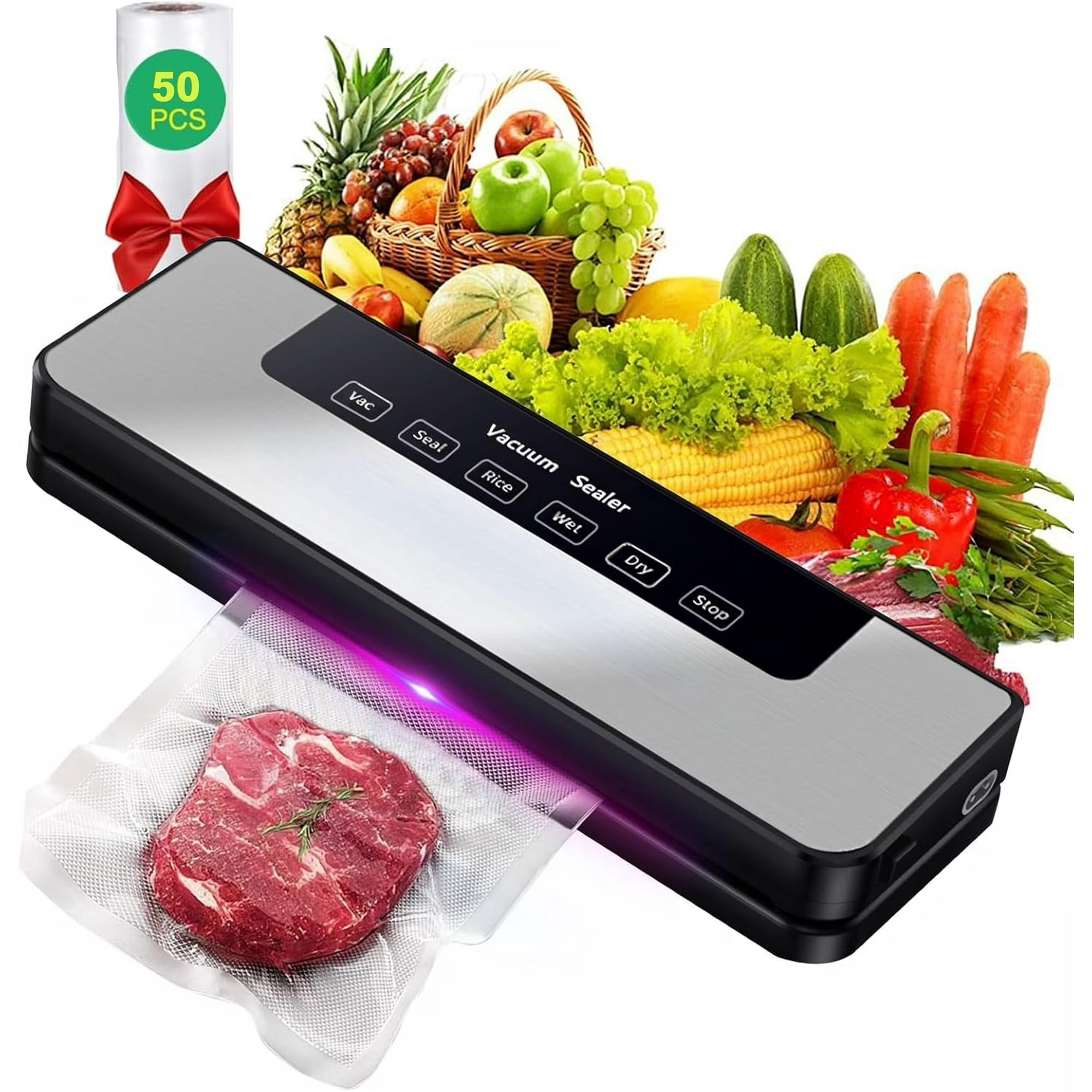 Food Vacuum Sealer Machine Automatic Air Sealing for Dry and Moist Food with 50 Sealer Bags for Food