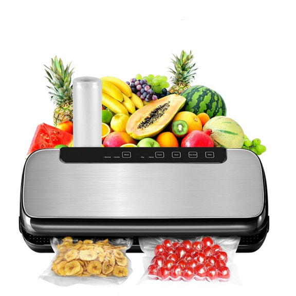 Food Vacuum Sealer Machine, Stainless Steel Automatic Air Sealing System for Dry/Moist Foods, LED Touch Controls, Includes Vacuum Hose, Bag Roll and Wine Stopper, 110W Suction Power, 14"x6"