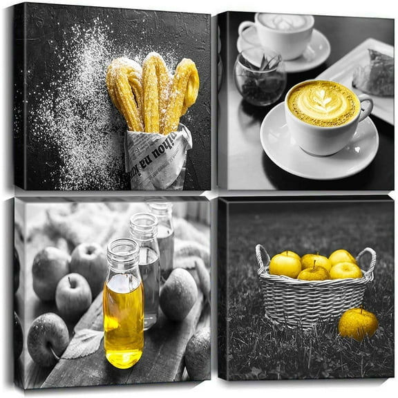 Food Wall Art Kitchen Decor Modern Black and White Yellow Drink with Bread Fruits Coffee Canvas Art Picture Painting Prints Framed Dining Room Cafe Wall Decor 12x12 4 Pieces Set