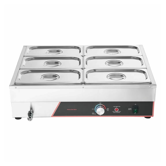 Food Warmer 6-Pan, 1500W Electric Bain Marie Stainless Steel with Lid, Fast Heating Countertop Buffet Server for Catering, Restaurant, Parties
