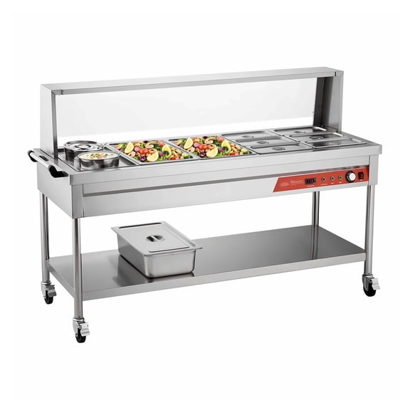 Food Warmer 8 Pans + 2 Pots, 1800W Electric Buffet Server, Stainless Steel Catering Table with Wheels & Shield, Restaurant Party Keep Warm