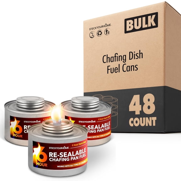 Food Warmers for Parties 6 Hour (48 Pack), Chafing Fuel Cans with Wick and Safety Twist Cap, Catering Warmers for Buffets, Weddings and Events