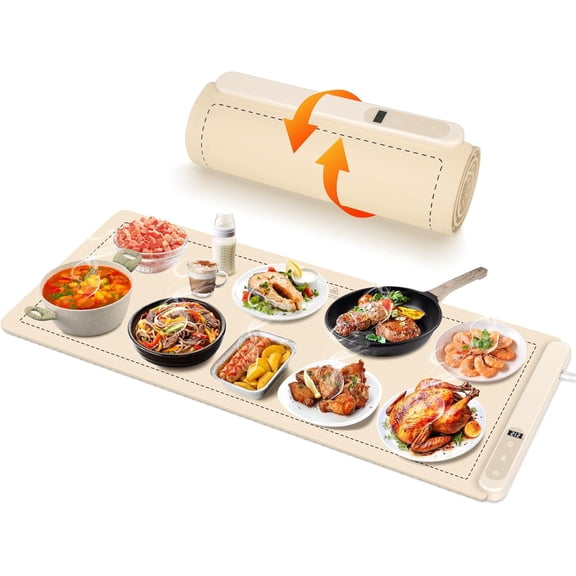 Food Warming Mat, Electric Heating Tray, Foldable, Safety Lock, Beige Yellow, XXL 36" x 16"
