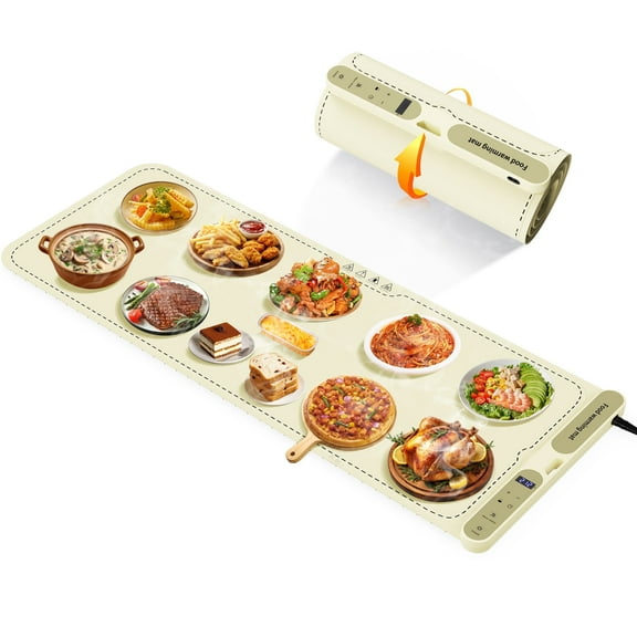 Food Warming Mat, Extra Large 39.4x15 Inches Fast Heating Silicone Electric Warming Tray with 7 Level Temp and 8H Timer, Roll-Up & Portable Warming Mat for Food, Chafing Dishes for Parties Buffet