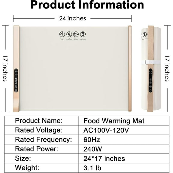 Food Warming Mat with 3 Temperature Settings, Timer, Rollable Design for Buffet, Party, Everyday Use