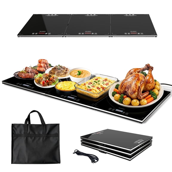 Food Warming Trays for Buffets, Electric Buffet Server with Independent Temperature & Timer Control, 35.4" x 15.7" Extra Large 3-Panel Modular Food Warmer, Space-Saving Chafing Dish for Catering, Par