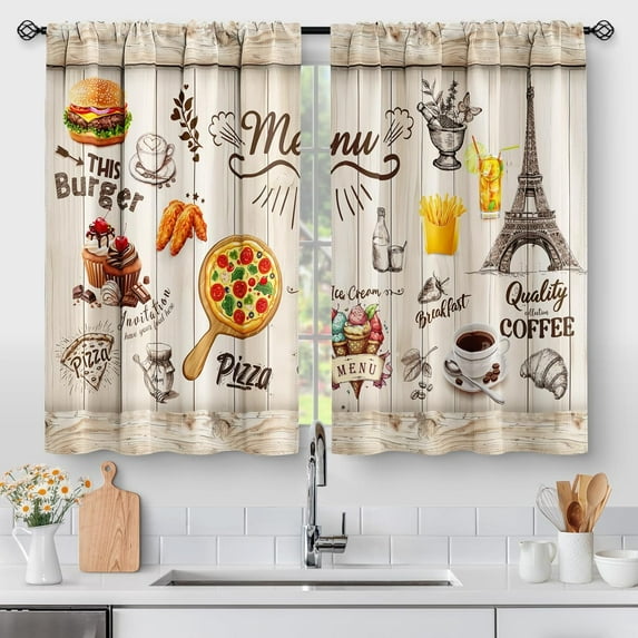 Food Wood Kitchen Curtains - Menu Pizza Burger Cafe Farmhouse Small Short Western Tier Window Curtains Over Sink for Living Dining Room Decor Rod Pocket Window Drapes 36 Inch Length Set 28"x36"