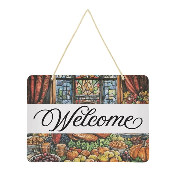 Food on Dining Table Welcome Sign Front Door PVC 14x10 inch Hanger Hello Sign Farmhouse Wall Porch Home Outside Decor