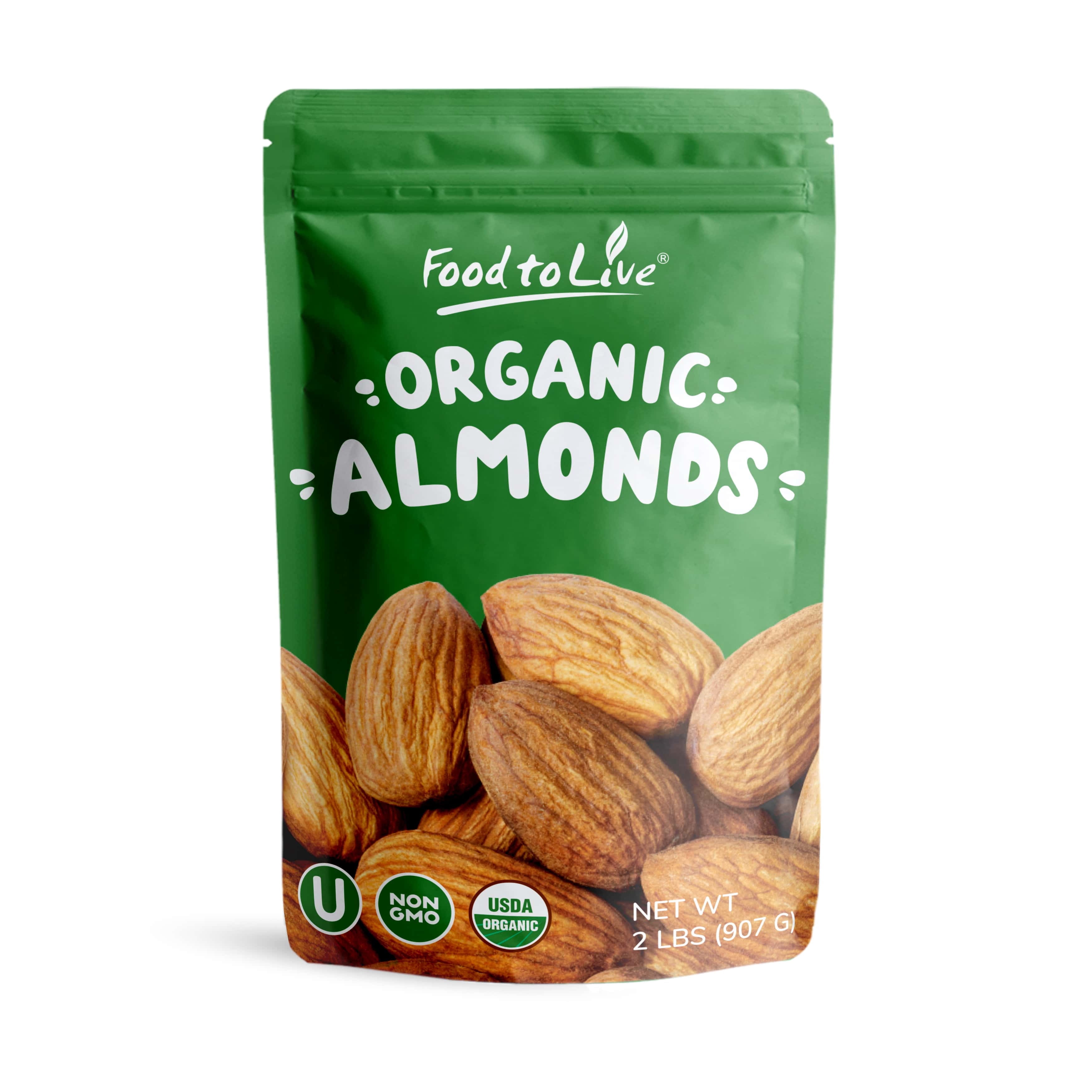 Organic Imported Raw Almonds,  2 Pounds - Non-GMO, Kosher, No Shell, Whole, Unpasteurized, Unsalted, Raw, Vegan - by Food to Live