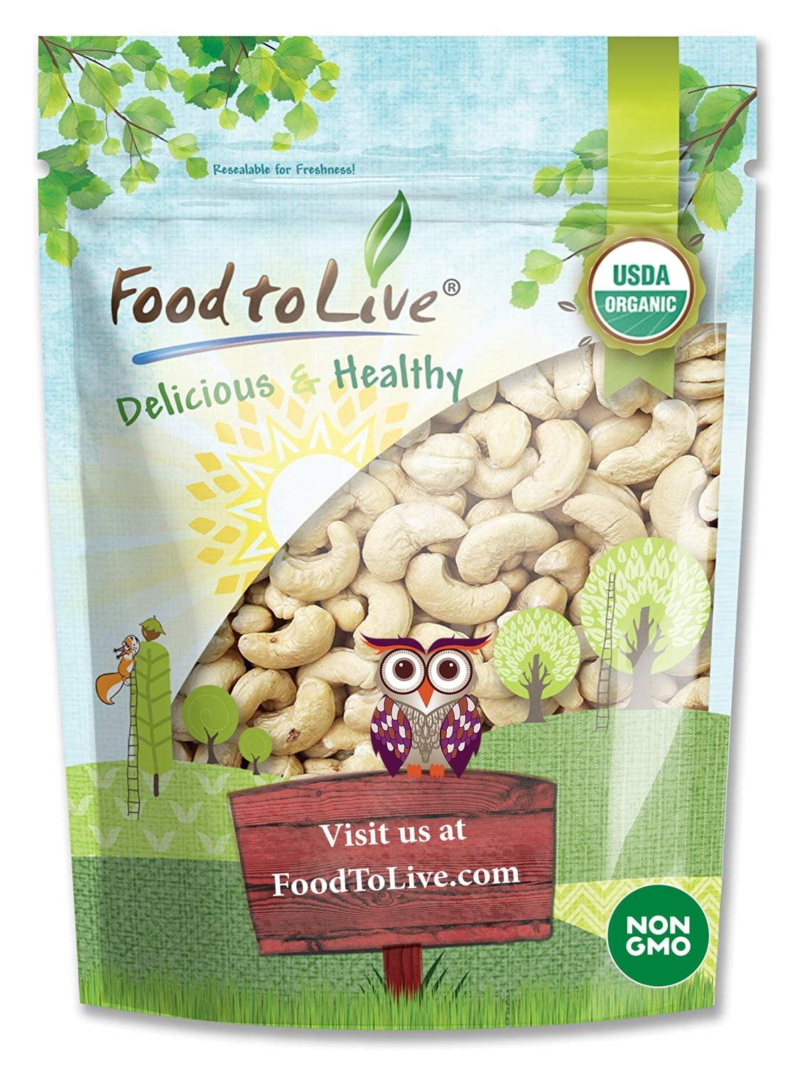 Food to Live, Organic Whole Cashews, W320, 2 Pounds, Non-GMO, Raw