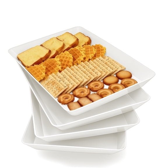 Food trays, 4-pack, suitable for holding vegetables, fruits, snacks, desserts, cookies, cheese, etc., and can also be used for party supplies display. Made of plastic, large white trays, BPA-free