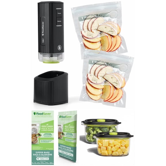 FoodSaver 35-Piece Mini Handheld Vacuum Sealer Starter Kit with 32 Zipper Bags & 2 Reusable Vacuum Containers (5 Cup), Complete Food Storage System for Leftovers, Meal Prep & Bulk Buying