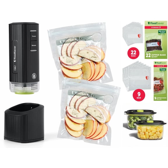 FoodSaver 36-Piece Meal Prep Vacuum Sealing Starter Bundle with Mini Handheld Vacuum Sealer, Charging Dock, 33 Bags and 2 Containers