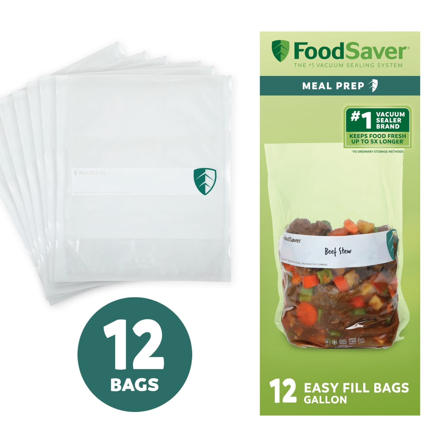 FoodSaver Easy Fill 1-Gallon Vacuum Sealer Bags, 12 Count BPA-Free Bags with Free-Standing Design for Meal Prep, Sous Vide, and Food Storage