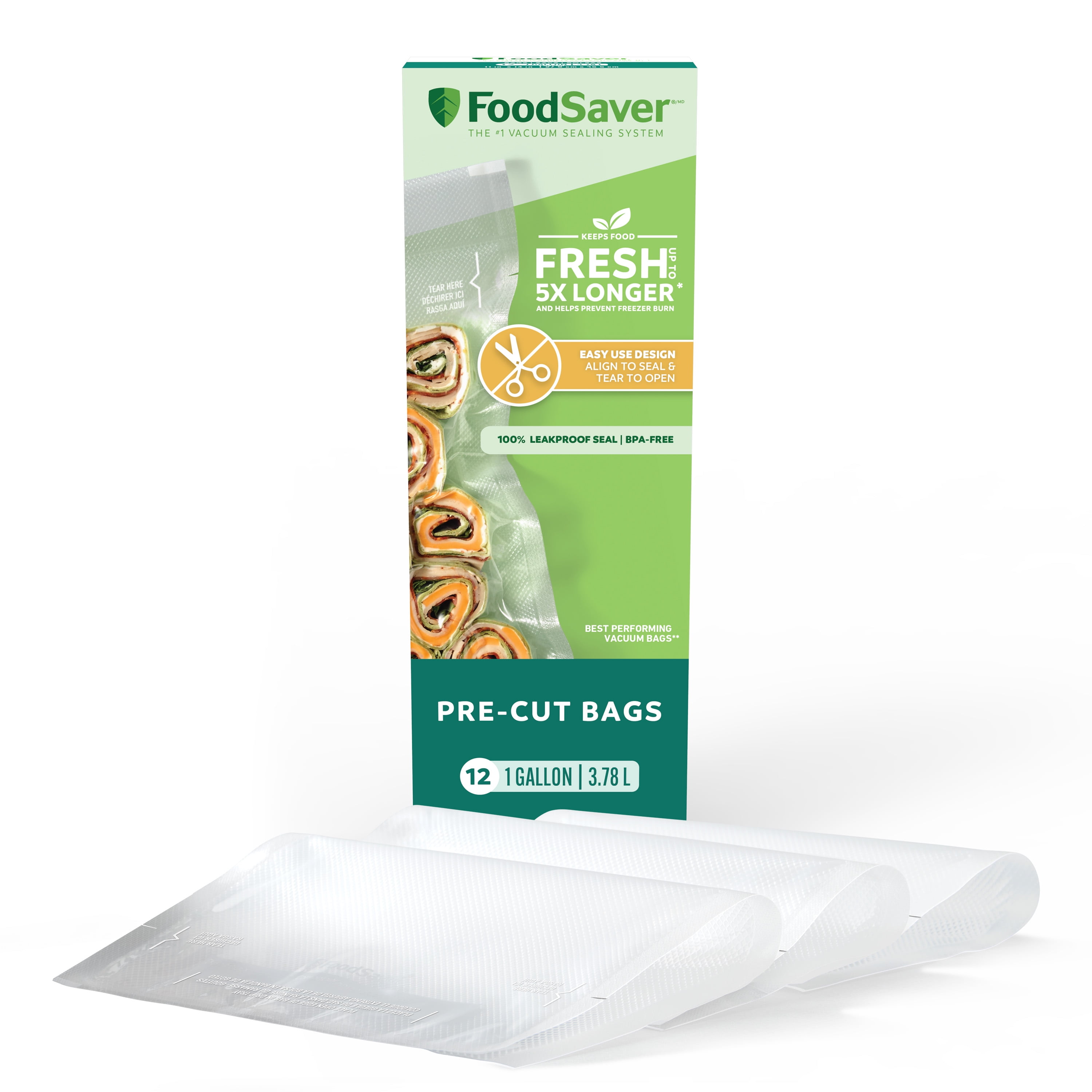 FoodSaver Gallon Pre-Cut Vacuum Seal Bags, Easy Use Vacuum Storage Bags, Align to Seal and Tear to Open Vacuum Sealer Storage Bags, 12 Pack