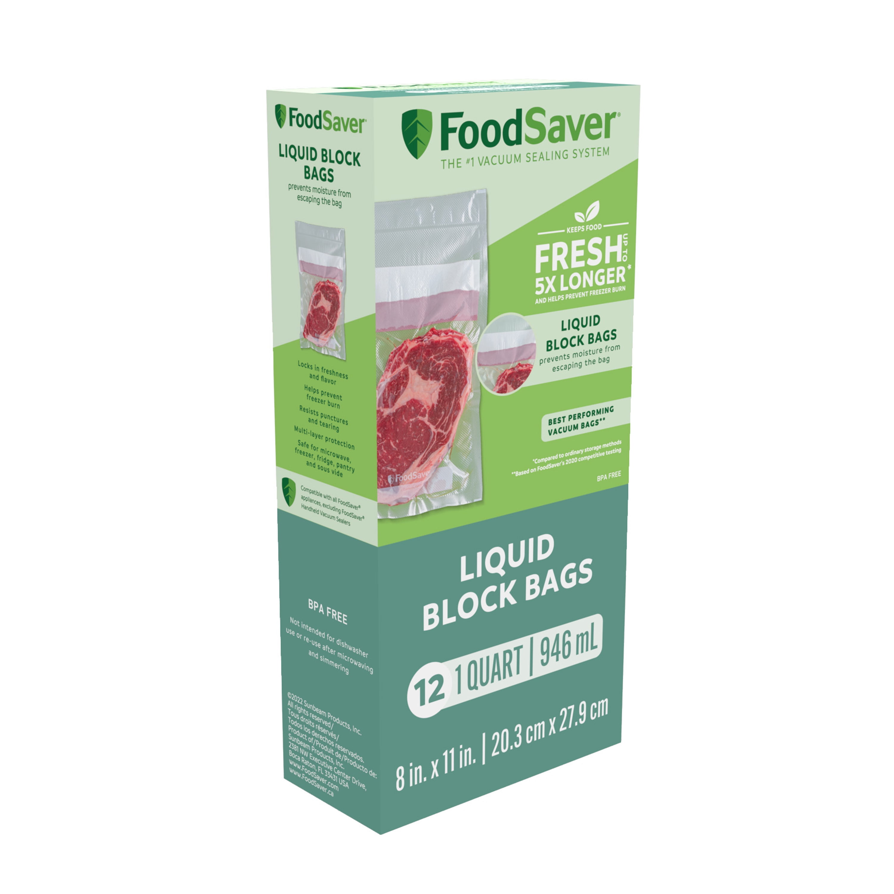 FoodSaver Liquid Block Vacuum Seal Bags, 1 Quart, 8" x 11", 12 Count