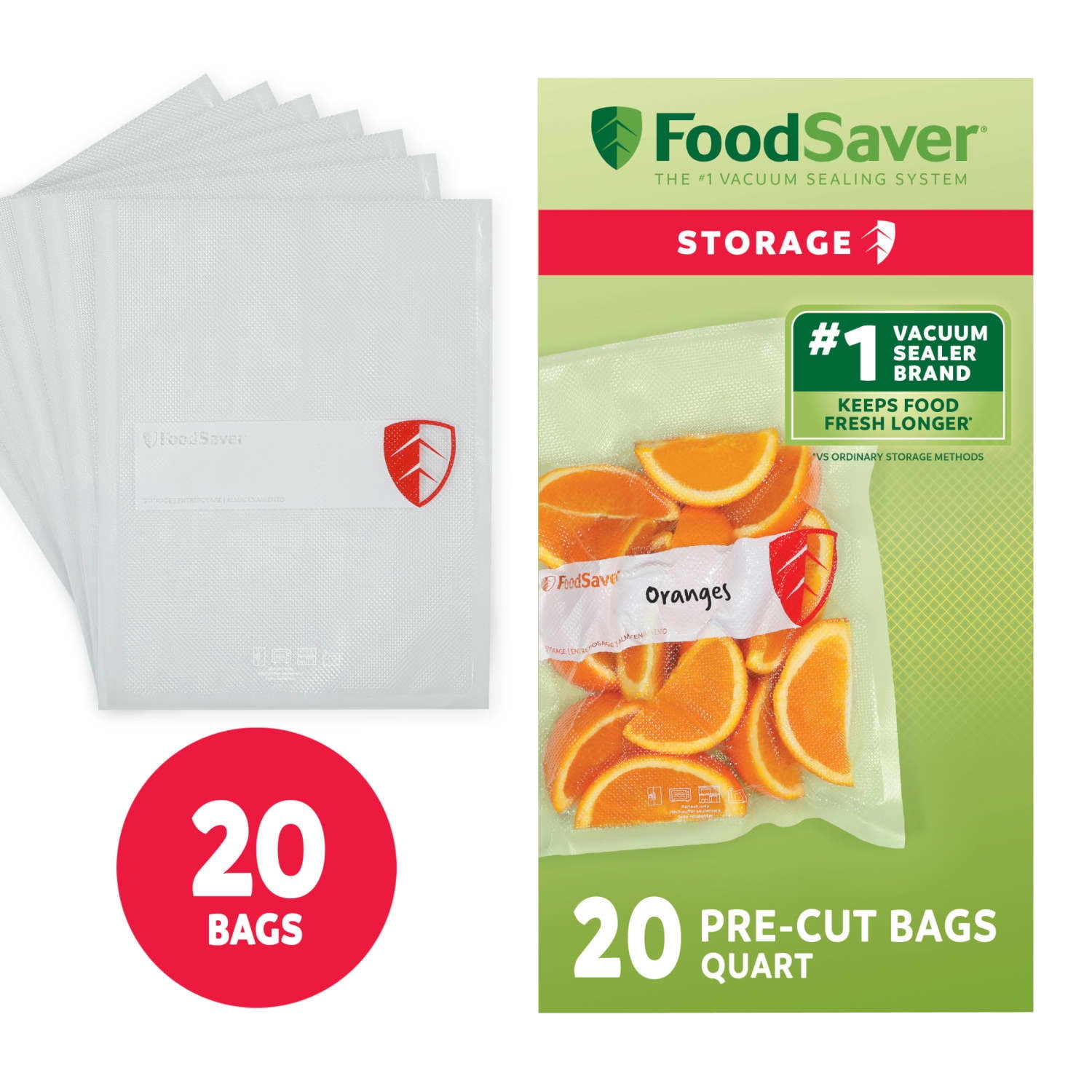 FoodSaver Quart Vacuum Seal Bags, 20 Count Pre-Cut BPA-Free Storage Bags, Align to Seal & Tear to Open for Food Storage, Sous Vide, and Meal Prep