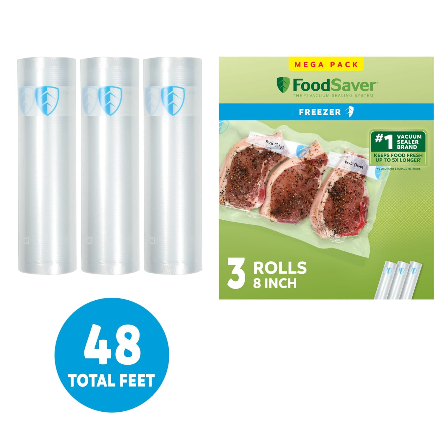 FoodSaver Vacuum Sealer Rolls, 3 Pack 8" x 16' Rolls, BPA-Free Custom Size Freezer Bags for Food Storage, Sous Vide, and Meal Prep