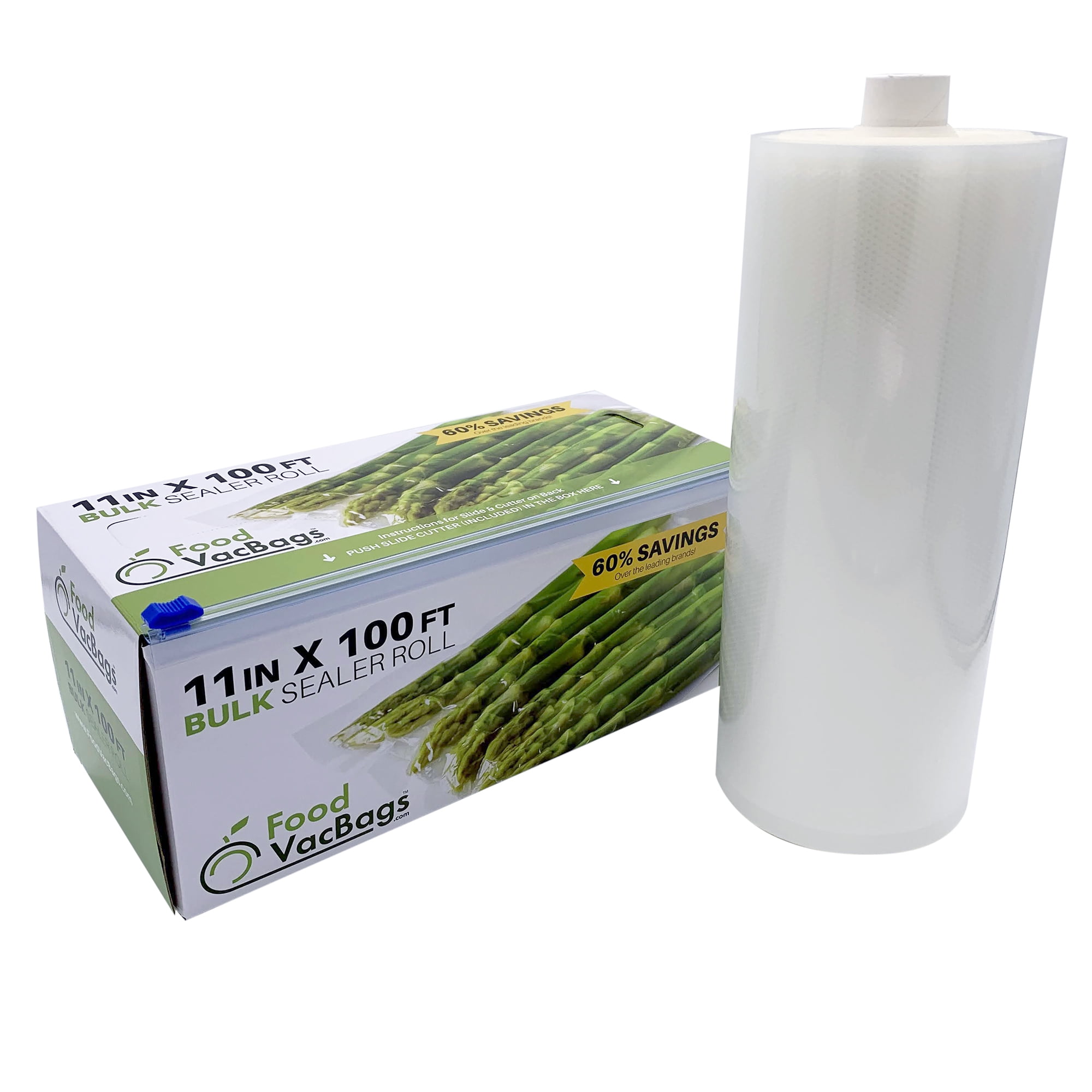 FoodVacBags 11" x 100' Bulk Vacuum Seal Roll - Convenient Dispenser Box with Cutter - Custom Size, Commercial Grade Food Saver Bag Roll - Food Storage, Seal a Meal in Food Sealer Bags