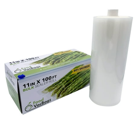 FoodVacBags 11" x 100' Bulk Vacuum Seal Roll - Convenient Dispenser Box with Cutter - Custom Size, Commercial Grade Food Saver Bag Roll - Food Storage, Seal a Meal in Food Sealer Bags