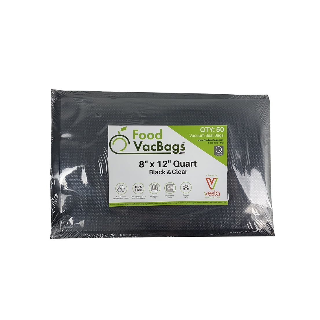 FoodVacBags 50 Quart 8" x 12" Black & Clear Vacuum Sealer Storage Bags/Pouches, Food saver Compatible. BPA Free, Perfect for Sous Vide