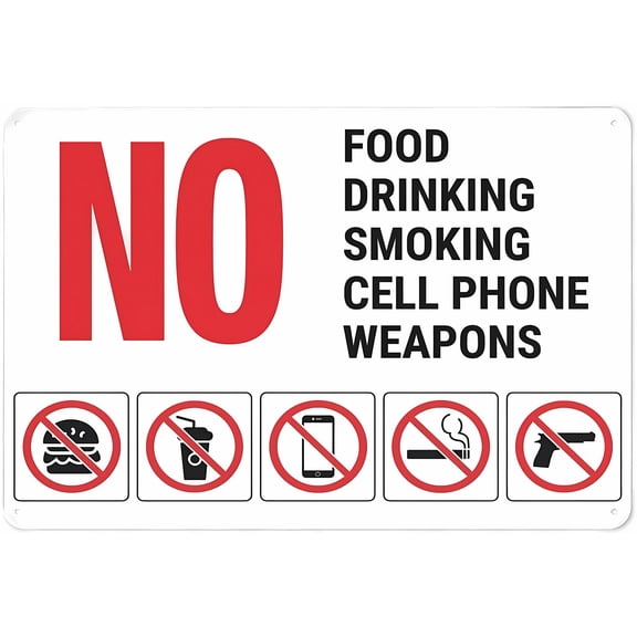 No Fooddrinkingsmokingcell Phoneweapons with Icons Sign - 8"x12" Warning Tin Sign for Home Kitchen Farm Garden Garage Wall Decor, Multi-Prohibition, Safety Alert