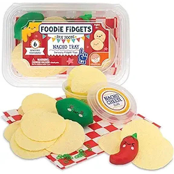 Foodie Fidget Fan Foods Nacho Tray Sensory Toy Set with Flexible Chips, Nacho Cheese Slime & Tactile Toppings Calming Fidget Play for Kids Ages 5+