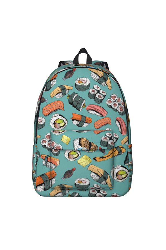 Foodie Sushi Roll Pattern School Backpack, Japanese Food Theme Vintage Casual Daypack Large Capacity Travel Bag for Students