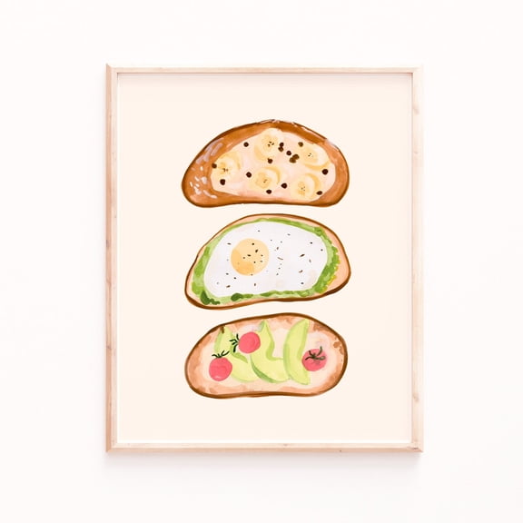 Foodie Toast Art Print Hand Painted Gouache Peach Background, Unframed Paper Print