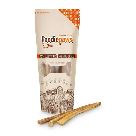 FOODIEPAWS 12 Inch Jumbo Bully Sticks for Dogs, 5 Pack |Thick, Grass-Fed Beef Pizzle Chews | All Natural, Rawhide-Free & Fully Digestible | High Protein, Long Lasting Dog Treats for Heavy Chewers