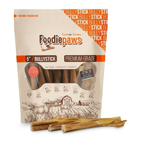 FOODIEPAWS 5 Inch Bully Sticks for Dogs, 25 Pack Bulk | All Natural, Grass-Fed Beef | High Protein, Rawhide-Free & Fully Digestible Dog Chews | Long Lasting Dental Treats for Small & Medium Dogs