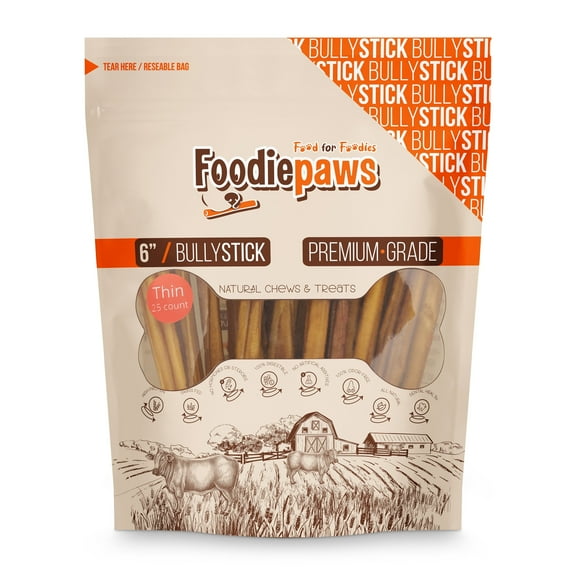 FOODIEPAWS 6 Inch Thin Bully Sticks for Dogs, 25 Pack Bulk | All Natural, Grass-Fed Beef | High Protein, Rawhide-Free & Fully Digestible Dog Chews | Long Lasting Dental Treats for Puppies & Small Dog
