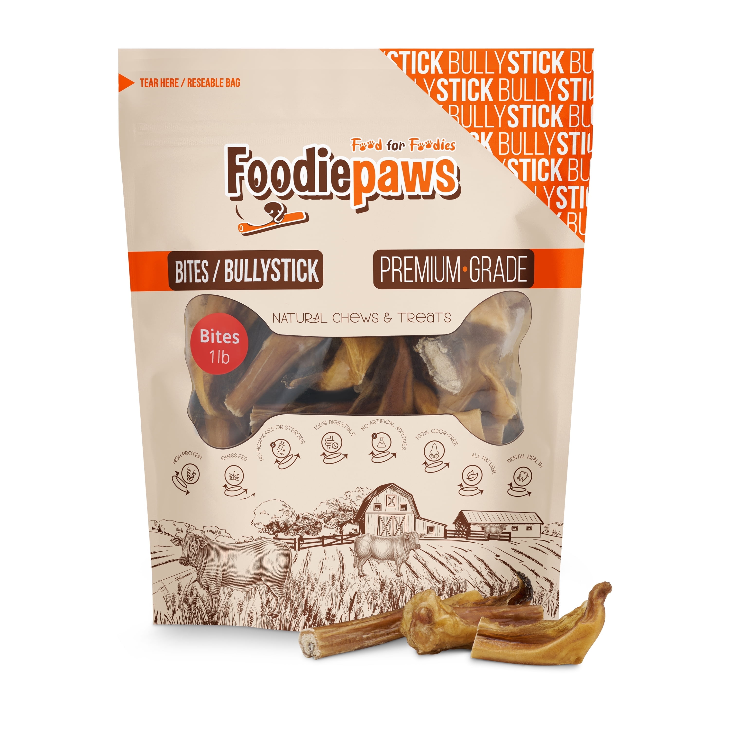 FOODIEPAWS Bully Stick Bites for Dogs, 1 lb Bulk Pack (2-3 Inch) | Training Treats | All Natural, Grass-Fed Beef Pizzle | Grain-Free, Rawhide-Free & Fully Digestible | High Protein Dental Chews