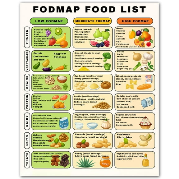 Foodmap Food Chart Poster - Ibs and Blood Sugar Levels Guide - Printable High and Low Fodmap Diet Chart for Adults - Wellness Kitchen Wall Art for Digestive Health Awareness
