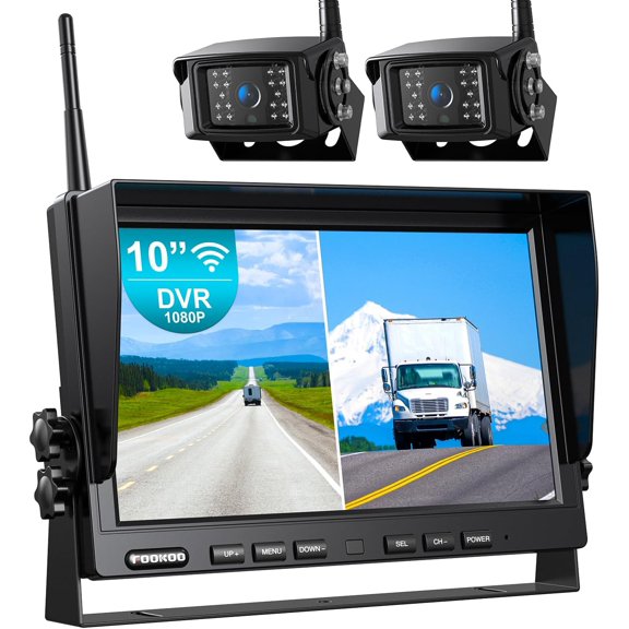 Fookoo 10" Wireless Backup Camera System , 1080P HD, Quad Split Screen, Waterproof, 4-Channel for RV/Truck/Trailer