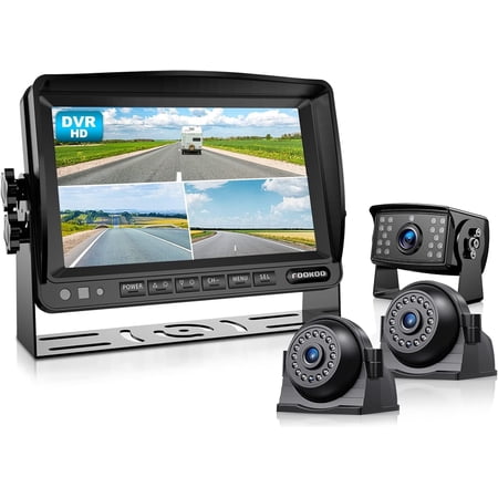 Fookoo ? 7" 1080P Wired RV Backup Camera Systems, 7-inch HD Dual Split Screen Monitor W/ Recording IP69 Waterproof Front/Rear View Cameras Parking Lines for Truck/Trailer/RV (FHD3)