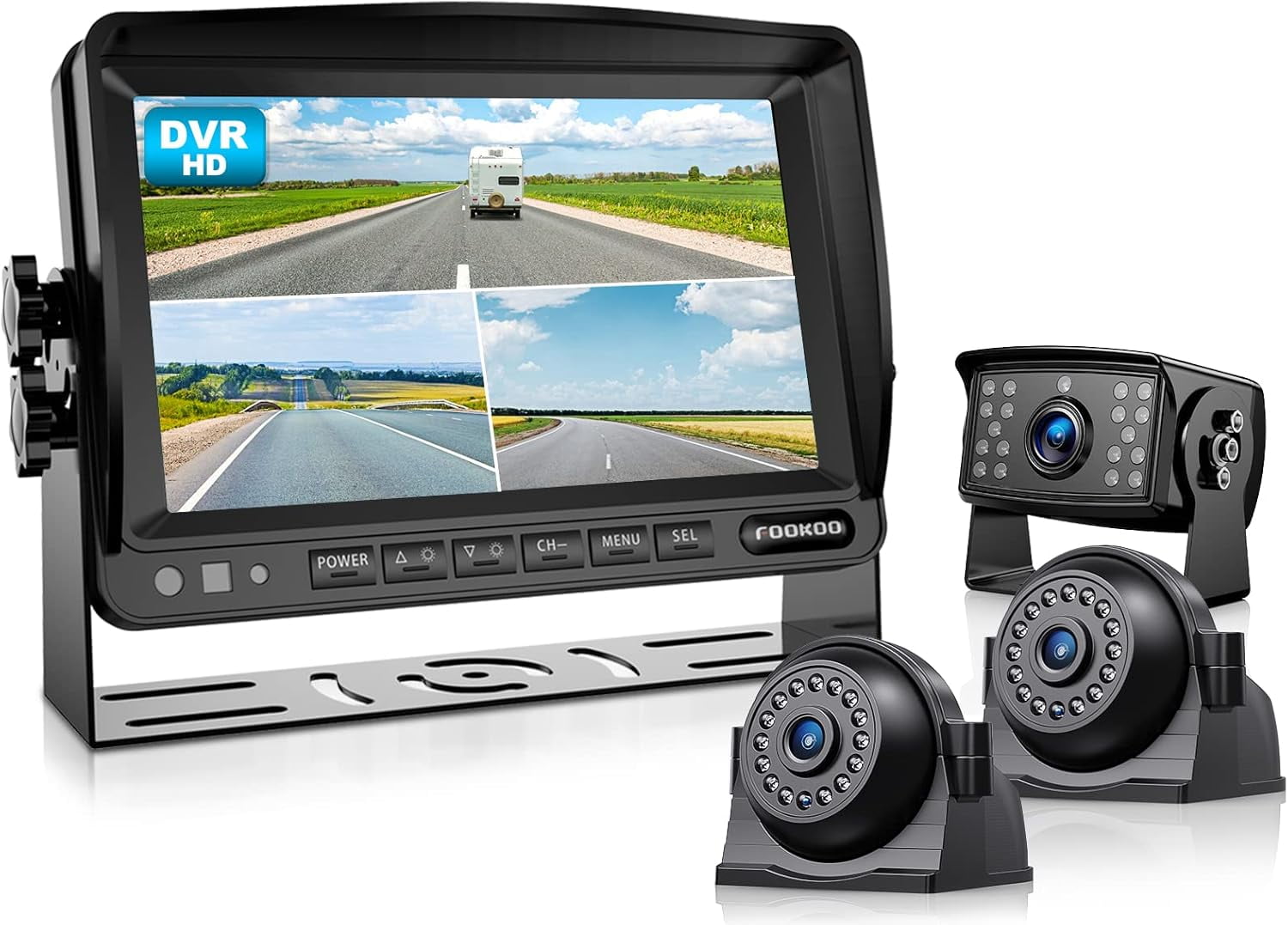Fookoo 7" 1080P Wired RV Backup Camera Systems, 7-inch HD Dual Split Screen Monitor W/ Recording IP69 Waterproof Front/Rear View Cameras Parking Lines for Truck/Trailer/RV (FHD3)