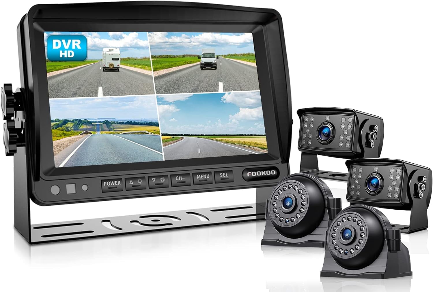 Fookoo HD Backup Camera System, 7'' DVR Split Screen Monitor and Waterproof Rear View Cameras with Parking Lines Reversing for RV/Truck/Trailer/Bus/Semi-Trailer/Tractor/5th Wheel Trailer(DY704)