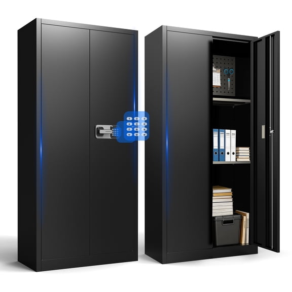 Foorsun Digital Lock Metal Storage Cabinet Black for Garage Storage Cabinet with 2 Doors And 4 Shelves, Suitable for Garages, Basements, And Repair Shops,71“H