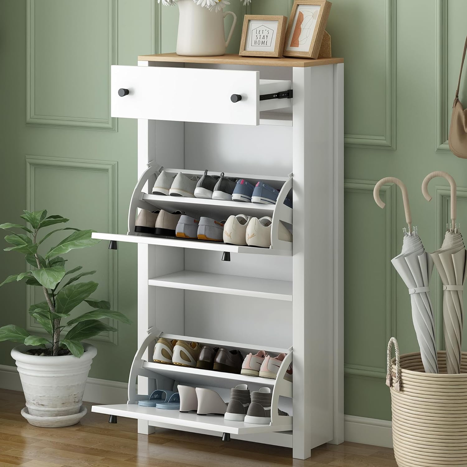 Foorsun Shoe Cabinet, Functional Entryway Organizer 2 Flip Drawers Wood