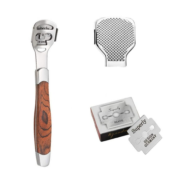 Foot Callus Shaver & 10 Blades for Corn Remover Tool with Portable Carrying Case - Wooden Handle