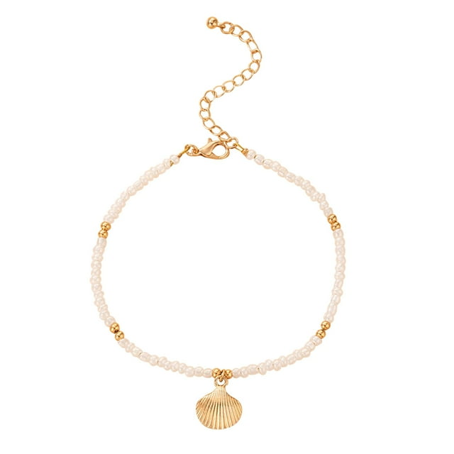 Boho Beach Anklet Set – 3-Layer White Beaded With Gold Shell & Starfish Charms, Pearl Accents