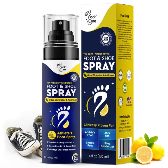 Foot Cure Shoe Deodorizer Spray - Tea Tree | Citrus Shoe Deodorizer for Smelly Feet, Athletes Foot Spray Odor Eliminator and Sweat Control | Removes, Controls & Prevents Odors - 120ml Made in USA