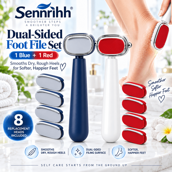 Foot File Callus Remover Set, Dual-Sided Heel Scraper with 2 Handles & 8 Replacement Heads, Manual Pedicure Tool for Dry Rough Feet