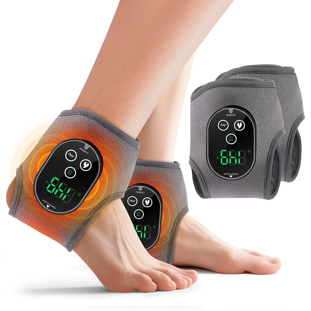 Ankle Heated Wrap Brace, Ankle Heating Pad, Cordless Ankle Massager with Heat with 4 Heat Levels, 3 Vibration & Timing Modes, 3000mAh Battery, Heated Ankle Wrap for Ankle Tension, Gray 2pcs