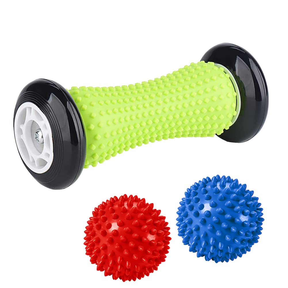Foot Massage Roller and Spiky Ball Therapy Set,Manual Foot Massager for Plantar Fasciitis,Heel & Foot Arch Pain,Trigger Point Therapy, Muscle Recovery (Yellow)