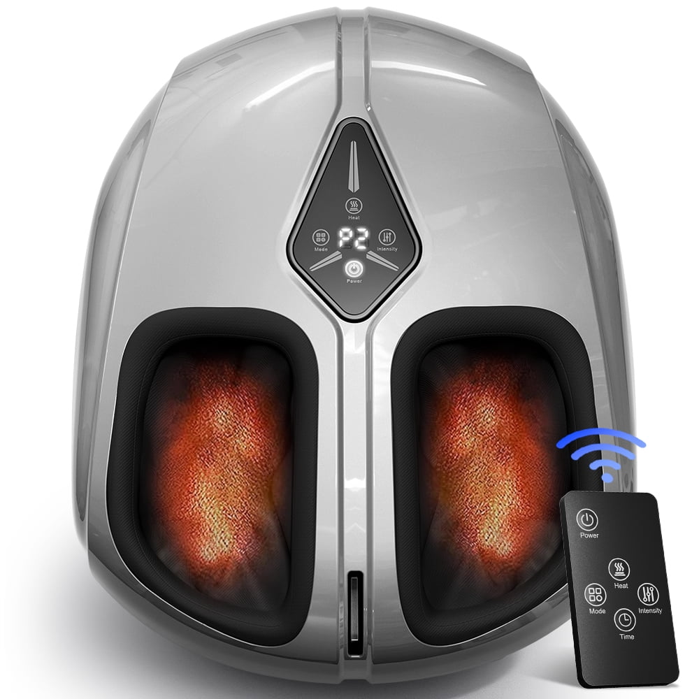 Foot Massager with Heat, Caveen Shiatsu Feet Massager Machine with 4 Modes & 5 Intensities, Auto-off Timers, Relax for Home or Office, Silver