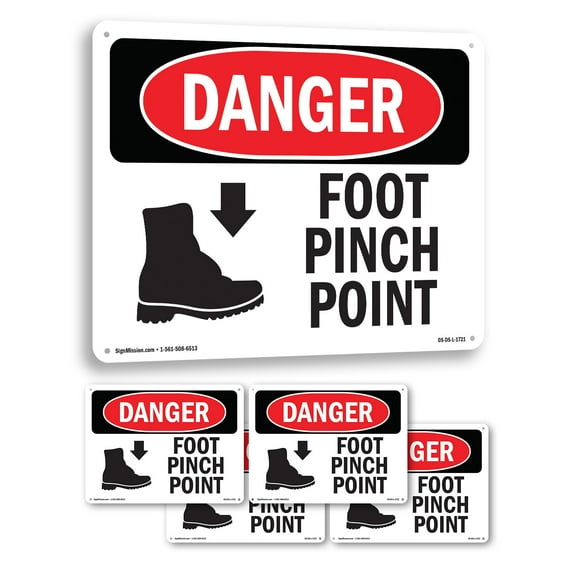 Foot Pinch Point OSHA Danger Rigid Plastic Sign 24 Inch x 18 Inch - 5 Pack