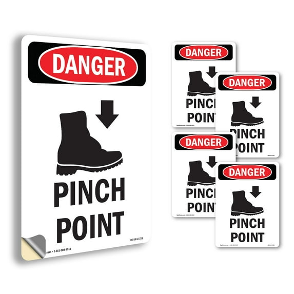 Foot Pinch Point OSHA Danger Vinyl Decal Label 18 Inch x 12 Inch - 5 Pack